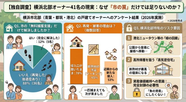 横浜市 ハクビシン・アライグマ独自調査 図解。横浜北部オーナー41名の現実:市の無料捕獲だけでは88%が再発。失敗の理由:侵入口が開いたまま、断熱材の糞尿マーキング、近隣からの流入。地域特有リスク:港北ニュータウン等の緑の回廊、高所得住宅の高気密性。資産価値維持のための完全封鎖の必要性。※2026年時点