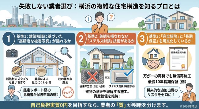 横浜市 ハクビシン駆除業者選びの基準 図解。保険適用の成否を決める3つの質:建築知識に基づいた高精度な被害写真撮影と鑑定レポート級見積書作成、美観を損なわないステルス封鎖(隠密封鎖技術)、完全駆除宣言と最長10年の長期再発保証の明文化。自己負担実質0円を目指す資産防衛のための専門業者選定。※2026年時点