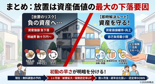 横浜市 ハクビシン駆除 放置リスクと火災保険解決ルート 図解。放置は資産価値の最大の下落要因:断熱材汚損、天井腐食、修繕費数十万円、経年劣化扱いで保険認定率低下(負の資産)。即時解決:プロの消毒・除菌、断熱材交換、完全完封・10年保証、火災保険活用で自己負担最小限(資産維持)。初動の早さが明暗を分けるタイムライン。※2026年時点