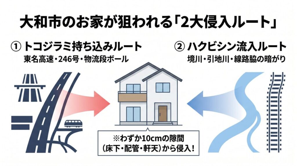 神奈川県大和市特有の地理環境と住宅構造におけるトコジラミ・ハクビシン侵入リスクを解説した図解。1：東名高速道路や国道16号・246号の往来・広域物流網を介して海外荷物や段ボールの隙間から室内に持ち込まれるトコジラミの拡散リスク、2：境川や引地川の河川敷、相鉄本線・小田急江ノ島線の線路脇の暗がりを移動ルート（獣道）にして市街地の住宅街へ流入するハクビシンの地理的リスク、3：新旧問わず一戸建て住宅の盲点になりやすい床下通気口、エアコン配管パテの隙間、軒天の剥がれなどわずか10センチの隙間から侵入される建物の弱点を示したスマホ最適化インフォグラフィック