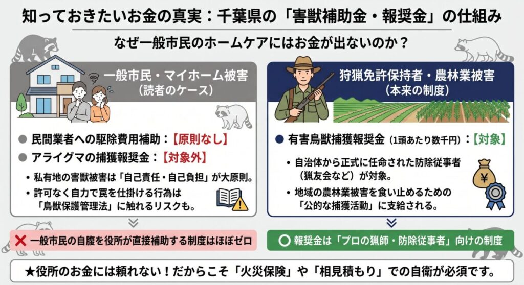 千葉県のアライグマや害獣駆除における補助金・報奨金の対象者違いを解説した図解。一般市民のマイホーム家屋被害には費用補助や報奨金は出ず、報奨金制度は狩猟免許を持つプロの猟師や防除従事者向けであることを示すインフォグラフィック