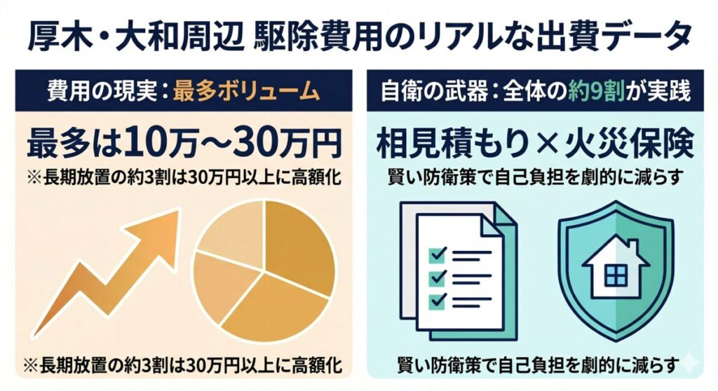 神奈川県厚木市・大和市周辺の一戸建てオーナー31名への独自アンケートに基づくハクビシン・トコジラミ等駆除費用相場のデータ図解。駆除・家屋補修にかかった費用の最多ボリュームゾーンは10万〜30万円（全体の61.3パーセント）であり、発見の遅れや長期放置により断熱材汚損交換や天井板張り替えリフォーム、家財処分が必要になった場合の30万円以上の高額化リスク（全体の29.0パーセント）を提示。自治体から直接の費用補助金が出ない中で自己負担を劇的に減らせた救済策として、全体の87.1パーセントが複数の優良業者への相見積もりと火災保険の申請サポートを組み合わせて賢く自衛している実績を示すスマホ最適化インフォグラフィック