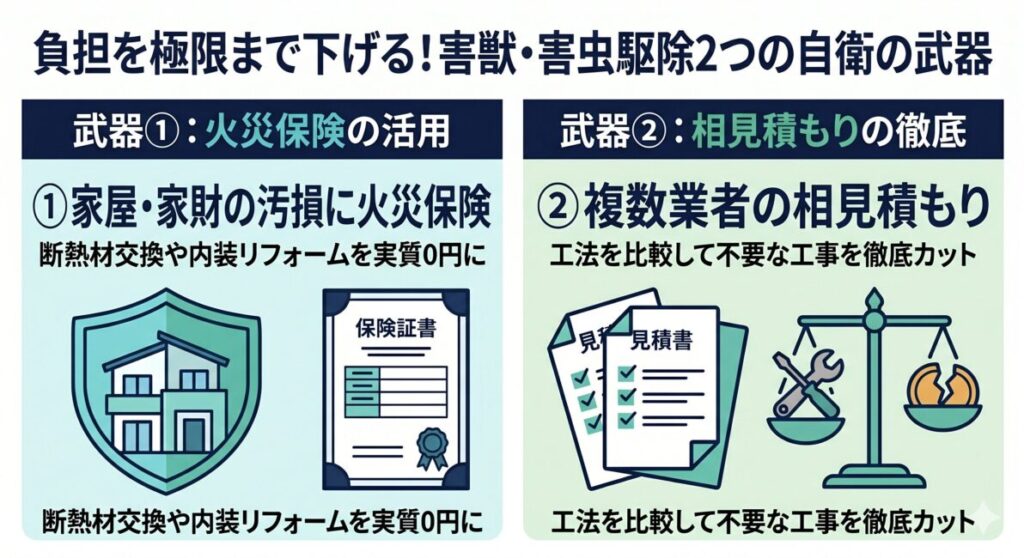 神奈川県厚木市・大和市で自治体の害獣・害虫駆除補助金が出ない場合に自己負担額を極限まで抑える2つの自衛の武器の解説図解。武器1：ハクビシンに破壊された天井裏の断熱材交換やため糞による天井板の腐食、トコジラミの増殖によるクロス汚損等の修繕リフォーム費用に火災保険（不測かつ突発的な事故）を正しく適用して実質自己負担0円に近い形で直す方法。武器2：厚木市全域対応のクリーンな優良業者同士で無料の現地調査と相見積もりを徹底比較し、我が家だけのリアルな適正相場を把握して悪徳業者の高額請求や不要なオプション工事をシャットアウトする鉄則を示したスマホ最適化インフォグラフィック