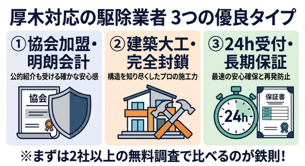 神奈川県厚木市全域に対応したハクビシン・トコジラミ等駆除業者選びにおける3つの優良タイプを比較した図解。タイプ1：ペストコントロール協会加盟の公的信頼および追加料金なしの明朗会計型、タイプ2：リフォーム会社母体の建築大工知識による隙間の家屋修繕完全封鎖型、タイプ3：24時間受付対応のスピード重視および業界最長クラスの長期再発保証型を網羅。悪徳業者を排除するためにまずは2社以上から無料の現地調査を呼び、見積もり（相見積もり）を比較することが鉄則であることを示すスマホ最適化インフォグラフィック