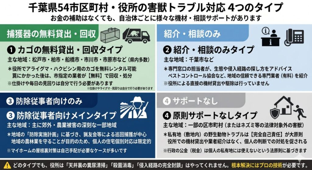 千葉県54市区町村の害獣トラブルにおける行政の4つのサポートタイプ（松戸・柏・船橋などの捕獲器無料貸出回収、千葉市などの相談業者紹介のみ、防除従事者向けのみ、私有地のためサポートなし）を比較した図解インフォグラフィック