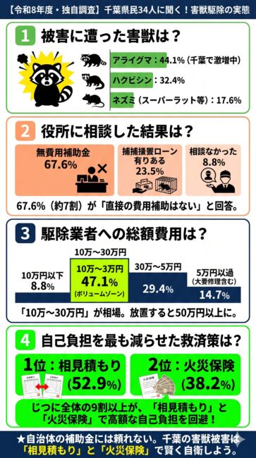 千葉県民34名への独自アンケート結果図解。被害害獣1位はアライグマ（44.1パーセント）、役所相談で補助なしと回答が67.6パーセント、駆除費用相場のボリュームゾーンは10万から30万円、自己負担を最も大きく減らせた救済策の1位は相見積もり（52.9パーセント）、2位は火災保険（38.2パーセント）であることを示すインフォグラフィック