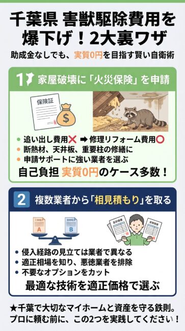 千葉県のアライグマ・ハクビシン駆除業者選びの図解。火災保険申請サポートと再侵入保証に強い優良3タイプ（タイプA：ペストコントロール協会加盟の公的信頼＆バランス型、タイプB：リフォーム会社母体の建築プロ＆家屋修繕封鎖型、タイプC：業界最長クラス長期保証＆スピード対応型）を比較したインフォグラフィック