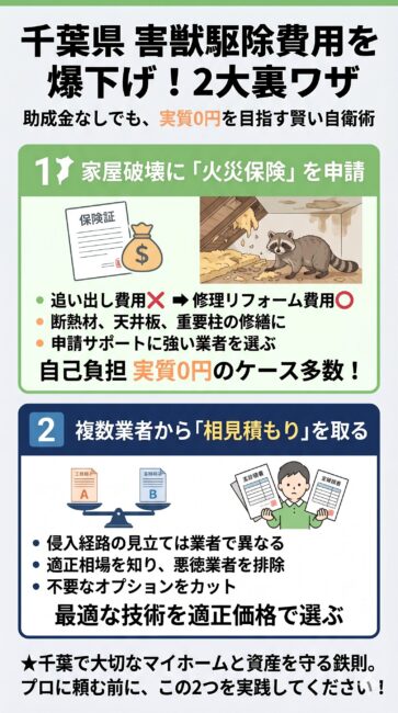千葉県内での害獣駆除費用を火災保険や相見積もりを駆使して抑える資産防衛術の解説図