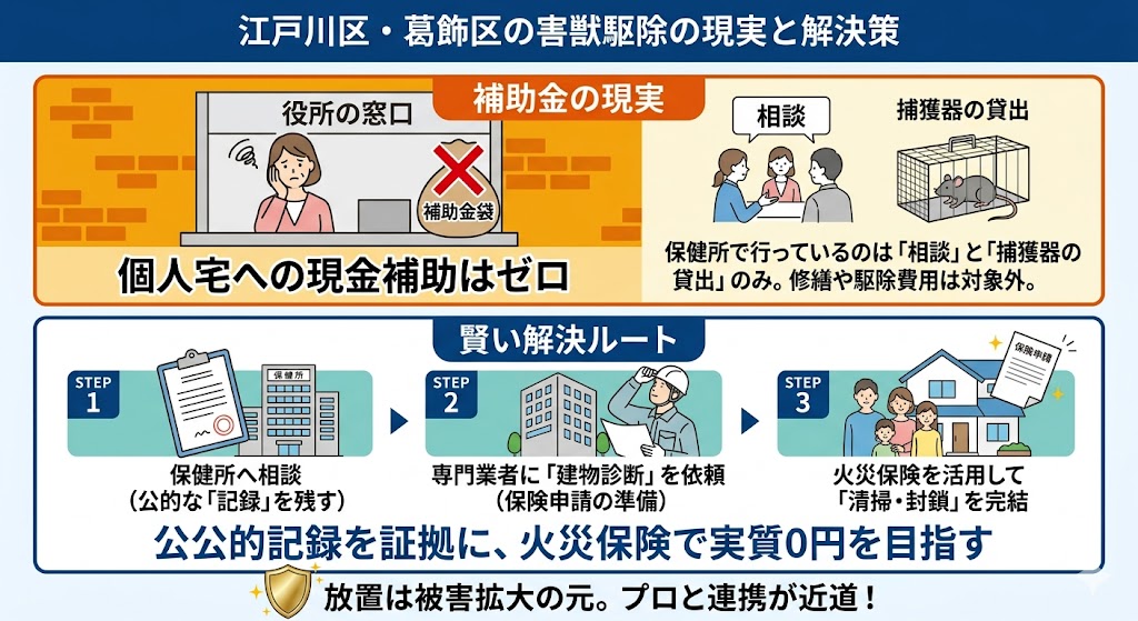 江戸川区・葛飾区における害獣駆除の補助金制度に関する図解。上段はオレンジ色を基調とし、一般住宅の駆除に対する現金補助制度は存在せず、保健所で行えるのは相談や捕獲器貸出のみであることを示す警告デザイン。下段はブルー・グリーンを基調に、公的窓口への相談記録を「保険申請の証拠」として活用し、火災保険を適用して修繕・封鎖工事を行うことで、自己負担を極限まで抑える解決ロードマップを図解。スマホでの視認性に配慮した、文字数を絞り直感的に理解できるデザイン。