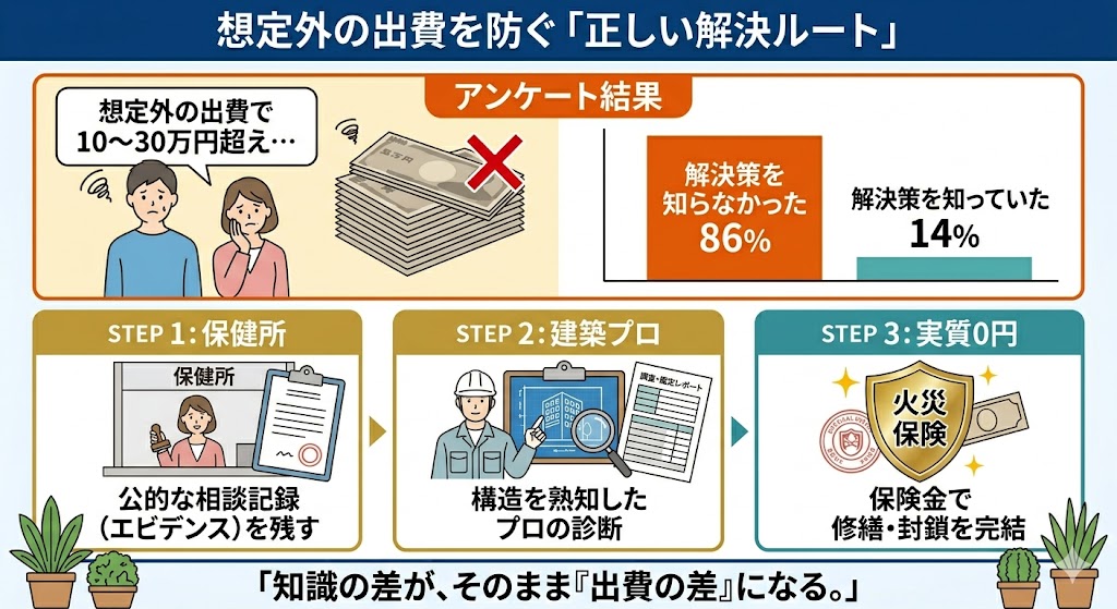 江戸川区や葛飾区の密集した木造住宅街を背景にした、害獣被害解決の成功ロードマップを示すインフォグラフィック。画面上部はオレンジ色を基調とし、多くの住民が知識不足で高額な出費に苦しんでいる様子をシンプルなグラフで示す。画面下部はブルーグリーンを基調とし、保健所への相談記録をエビデンスとして活用し、建築の専門家とともに火災保険で修繕費用をカバーし、完全に封鎖工事を完了させる3つの成功ステップを図解する。プロフェッショナルで信頼感のある配色。文字は最小限。