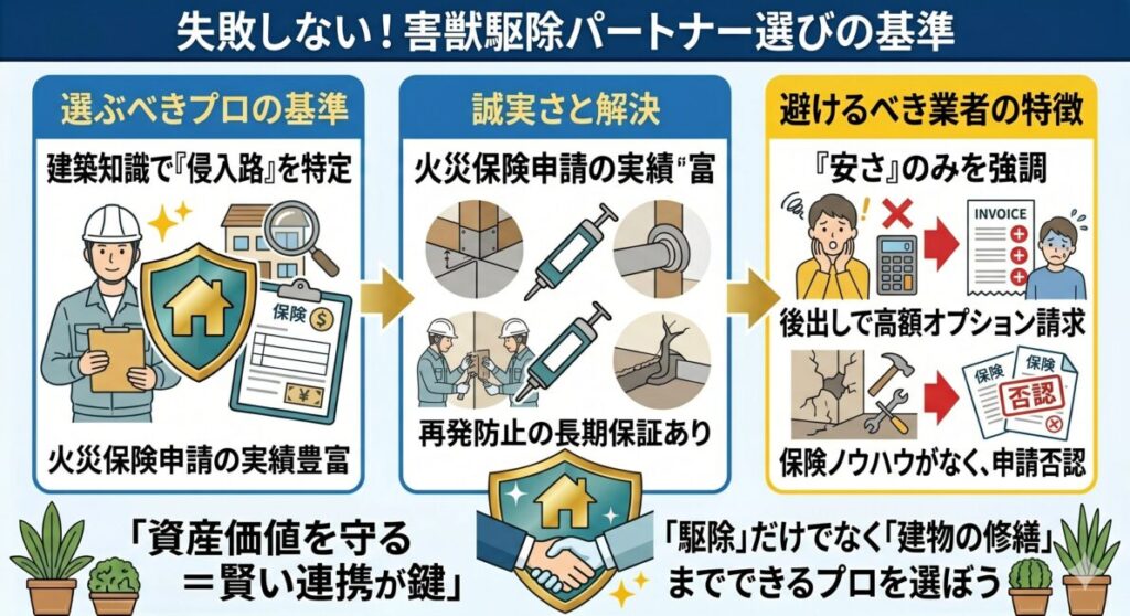 江戸川区・葛飾区の木造密集住宅地における害獣駆除業者選びの比較図解。左側の青色を基調としたエリアは、建築構造の知識を持ち、火災保険の申請実績が豊富で、長期保証を提供する優良業者の選定基準を図解。右側の黄色・赤色の警告エリアは、格安を謳いながら現場で高額な追加費用を請求したり、保険申請の専門知識がない悪質業者のリスクを警告。失敗しない業者選びのコツとして、駆除だけでなく建物の修繕・封鎖技術を持つプロを選ぶ重要性を解説したデザイン。