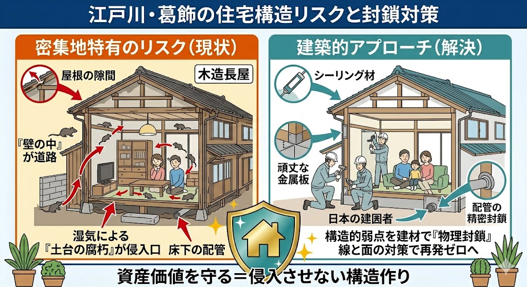 江戸川区・葛飾区の木造密集地における害獣侵入リスクと解決法の図解。左側は、密集する長屋や老朽化した土台、配管の隙間からネズミが侵入する構造的弱点をオレンジ色の警告色で図解。右側は、建築の専門家が金属板や特殊建材を用いて侵入経路を物理的に封鎖し、侵入を許さない「線と面」の対策をブルーグリーンの配色で図解。放置による資産価値の低下を防ぐため、構造を知り尽くしたプロによる物理的な封鎖工事が不可欠であることを示す解決戦略デザイン。