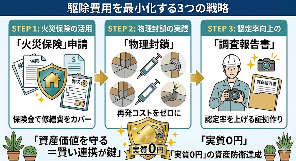 江戸川区・葛飾区の害獣駆除における費用最小化戦略の図解。左から、STEP1「火災保険の活用」として汚染された断熱材や損傷した壁の修繕費を保険金でカバーする仕組み、STEP2「構造リスクの封鎖」として物理建材を用いて再発コストをゼロにする封鎖工事、STEP3「精度の高い調査報告書」としてプロの診断が保険認定率を上げるエビデンスになることを図解。これら3つを組み合わせて「実質0円」の資産防衛を実現するフロー図。スマホ閲覧に適した、文字数を絞り直感的に成功戦略がわかるデザイン。
