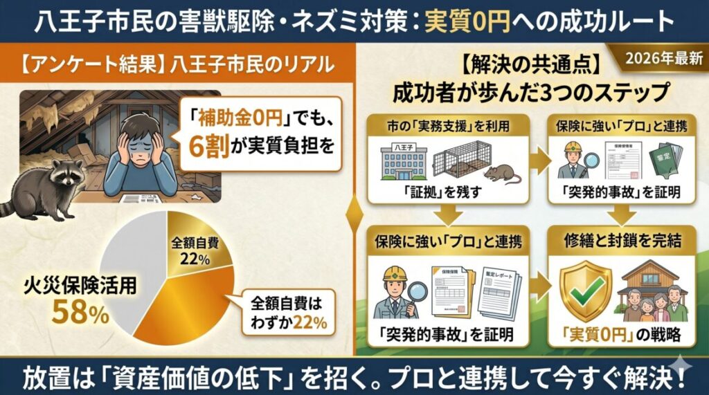 八王子市民43名への独自調査に基づく害獣駆除の成功事例図解。上段はアンケート結果として、公的な補助金がない状況でも約6割の市民が火災保険を活用して実質的な費用負担を軽減していることをグラフで示す。下段は成功者の共通行動として「1.市の無料捕獲支援で証拠を残す、2.保険に強い専門業者に調査を依頼する、3.保険金を活用して修繕・封鎖を行う」という3ステップの成功ルートを図解。スマホ閲覧に最適化された、文字数を絞りイラストで伝える洗練された解決戦略デザイン。