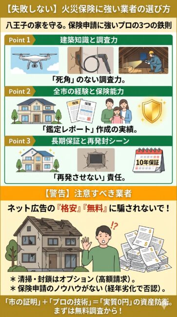 八王子市における火災保険申請に強い害獣駆除業者選びの図解。上段はゴールドを基調に優良業者の3つの鉄則（1.ドローン等を用いた死角のない調査、2.保険鑑定レポート作成の豊富な実績、3.長期保証と再発防止工事）を示す。下段はイエローの警告色で、格安広告を謳いながら後からオプション費用を高額請求したり、保険申請の知識がなく申請が否認されたりする悪質業者のリスクを警告。市の捕獲証明とプロの技術を組み合わせることの重要性を訴求する警告＆解決戦略デザイン。スマホ閲覧に適した、文字数を絞りイラストでストーリーを伝える洗練されたデザイン。