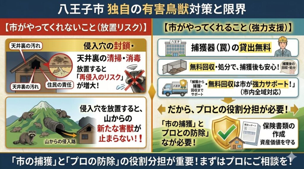 八王子市における有害鳥獣対策の図解。右側には、八王子市の強みである「捕獲器の無料貸出」と「捕獲後の死骸無料回収」という手厚い行政支援をブルーを基調にイラスト化。左側には、市の支援ではカバーされない「侵入穴の封鎖工事」や「天井裏の清掃・断熱材交換」といった住民負担部分をイエローとオレンジで警告。市の支援だけでは「個体の排除」までであり、放置すると山林からの再侵入を招くというリスクを視覚的に対比させ、プロとの連携（役割分担）の必要性を訴求する警告＆解決デザイン。