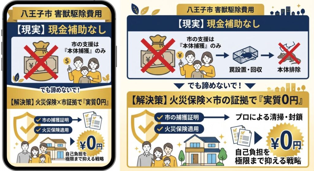 八王子市の害獣駆除に関する図解。上段は「現実：現金補助なし」で、市の支援は本体捕獲まで、侵入口封鎖や清掃は住民負担であることを赤いX印で示す。下段は「解決策：火災保険活用で実質0円」で、市の捕獲記録を証拠として火災保険で清掃・完全封鎖・断熱材交換費用をカバーし、自己負担を極限まで抑える戦略をゴールドの盾とチェックマークで示す。スマホでの閲覧に適した、文字数を抑え対比を明確にしたデザイン。