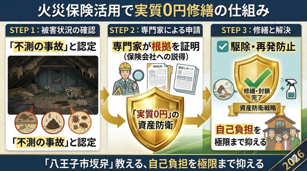 八王子市の大型戸建て住宅における火災保険活用による修繕戦略の図解。左から、STEP1「被害状況の確認」として広い屋根裏の断熱材や天井の汚損を「不測かつ突発的な事故」として特定。STEP2「専門家による申請」として建築の専門家が鑑定レポートを作成し保険会社へ根拠を証明。STEP3「修繕と解決」として清掃・封鎖工事を行い、保険金を活用して自己負担を極限まで抑え、「実質0円」の資産防衛を実現するフロー図。スマホ閲覧に適した、文字数を絞りイラストでストーリーを伝えるゴールドとネイビー基調の洗練されたデザイン。