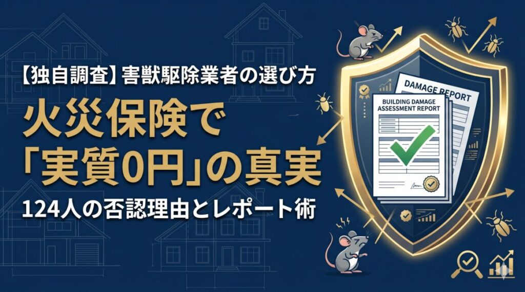 害獣駆除費用や家屋の修繕費において、自腹での高額な負担を回避し、火災保険の『破損・汚損特約』を活用して実質0円を狙う優良業者の選び方を建築プロの視点から解説した記事のアイキャッチ画像。洗練されたディープネイビーを基調に、住宅の設計図面と資産を守る強固な盾、保険審査突破を象徴するチェックマーク付きの鑑定書類のイラストを配置。「独自調査・火災保険で実質0円の真実・124人の否認理由とレポート術」という2026年最新の検証テーマ