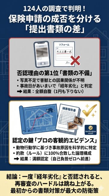 害獣被害における火災保険申請において、独自調査124名（n=124）のデータに基づき、保険審査の成否（満額認定と否認）を分ける原因を比較解説した図解イラスト。不鮮明な写真や大雑把な「一式」見積もりによって事故の突発性を証明できず、全体の72.6%が書類の不備（経年劣化判断）で却下されるNGルートに対し、動物行動学に基づいた侵入経路の特定や約款の言語に合わせた客観的エビデンスによって「不可避な原状回復工事」として受理させる専門業者の鑑定レポートの強み