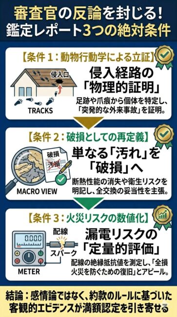 ハクビシンやアライグマによる住宅被害の火災保険申請において、審査官（アジャスター）に「経年劣化」と否認させず満額認定を勝ち取るための「鑑定レポート（損害報告書）」に必須の3つの絶対条件を解説した図解イラスト。動物行動学に基づく侵入経路の物理的証明、単なる汚れを建材の機能消失として再定義する「破損・汚染」への言い換え能力、そして絶縁抵抗値の測定による漏電・火災リスクの定量的評価という3つの鉄則