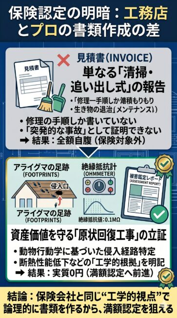 ハクビシンやアライグマによる屋根裏の被害において、普通の工務店と害獣専門業者で火災保険の認定率が真逆になる理由を比較解説した図解イラスト。「清掃・追い出し一式」といった簡易的な見積もりや清掃中心の報告によって単なるメンテナンス（補償対象外）と判断される工務店のリスクに対し、断熱性能低下や木材の腐食リスクを工学的なデータで立証して「不可避な原状回復工事」として受理させる専門業者の書類作成技術の強み