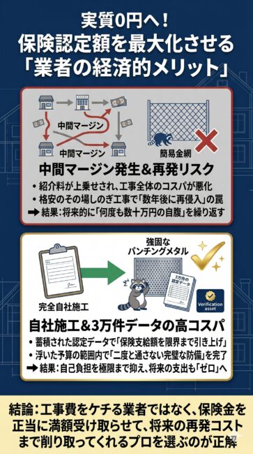 ハクビシンやアライグマの駆除において、完全自社施工と3万件超の保険認定データベースを持つ専門業者を選ぶべき「経済的理由」を比較解説した図解イラスト。下請けへの丸投げによる中間マージンの発生や、目先の安さに釣られた簡易施工のせいで数年後に再侵入を許して大損するNGルートに対し、保険の満額受給データを駆使して支給額を最大化させ、余計な仲介料なしで将来の再発防止リフォームまでを実質0円の範囲内で完結させる優良業者のコストパフォーマンスの強み