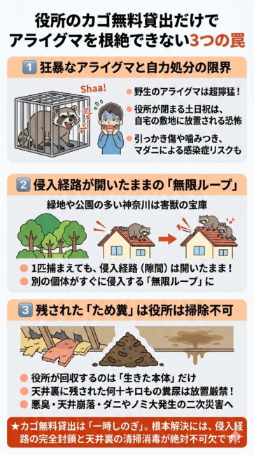 神奈川県民48名への独自アンケート結果の図解。被害害獣1位はアライグマ（45.8パーセント）、役所相談で補助金や報奨金は支給なしとの回答が68.8パーセント、民間の害獣駆除費用相場のボリュームゾーンは10万から30万円、自己負担を最も大きく減らせた救済策の1位は相見積もり（52.1パーセント）、2位は火災保険申請（39.6パーセント）であることを示すインフォグラフィック