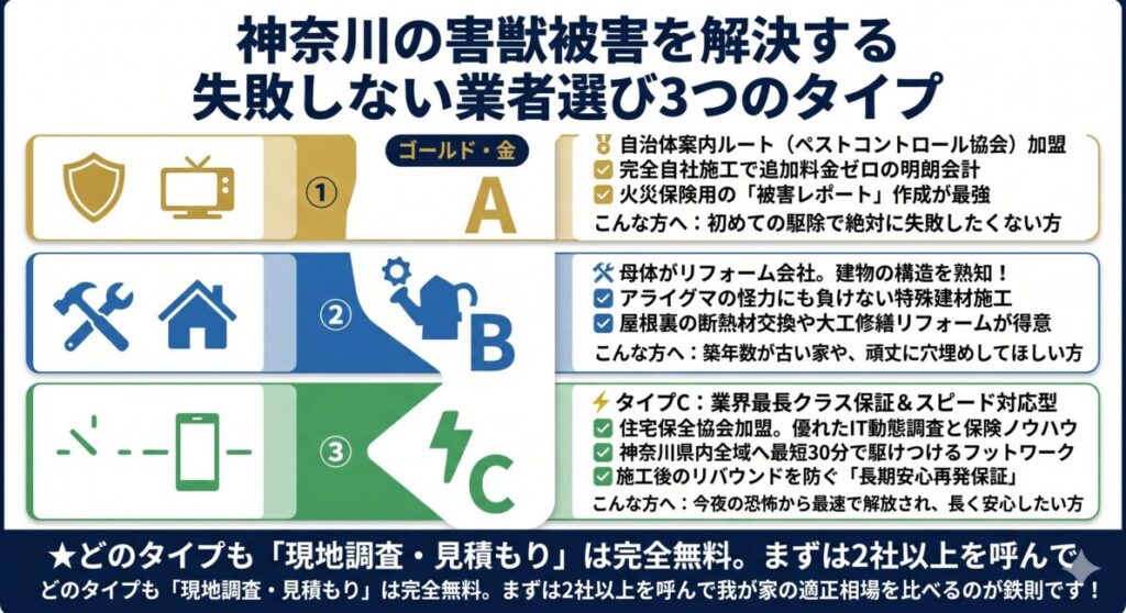 神奈川県のアライグマ・ハクビシン駆除業者選びの図解。火災保険申請サポートと再侵入保証に強い優良3タイプ（タイプA：ペストコントロール協会加盟の公的信頼およびバランス型、タイプB：リフォーム会社母体の建築プロおよび家屋修繕封鎖型、タイプC：業界最長クラス長期保証およびスピード対応型）を比較したインフォグラフィック