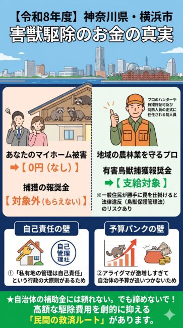 神奈川県や横浜市のアライグマ害獣駆除における補助金・報奨金の対象者の違いを解説した図解。一般市民のマイホーム被害には駆除費用の補助金や助成金は出ずアライグマの捕獲報奨金も対象外（0円）であること、報奨金制度は地域の農林業被害を防ぐ狩猟免許を持ったプロの猟師や防除従事者向けであることを示すインフォグラフィック