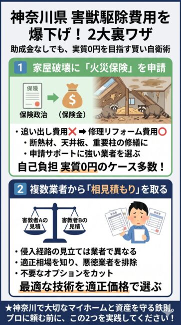 神奈川県のアライグマ・ハクビシン駆除費用を抑える2大裏ワザの図解。裏ワザ1：アライグマが破壊した断熱材や天井の修繕リフォーム費用に火災保険（不測かつ突発的な事故・物体の衝突破壊）を申請する（実質0円の事例多数）。裏ワザ2：神奈川対応の複数の優良業者から相見積もりを取り、適正相場を把握して悪徳業者を排除する