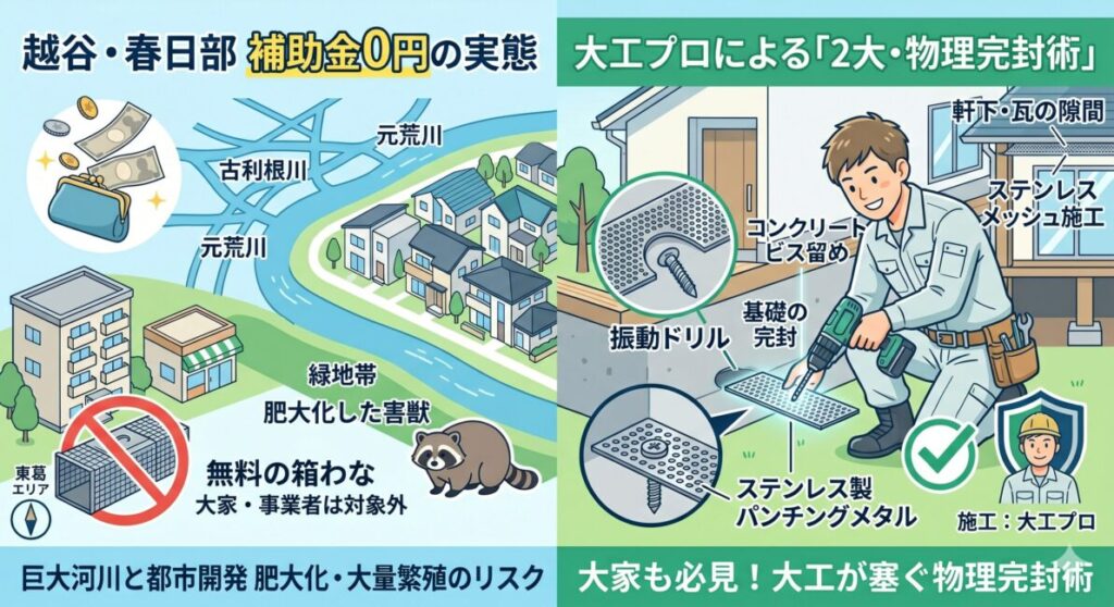 越谷・春日部の害獣駆除は補助金0円！大家は罠も対象外の大工警告