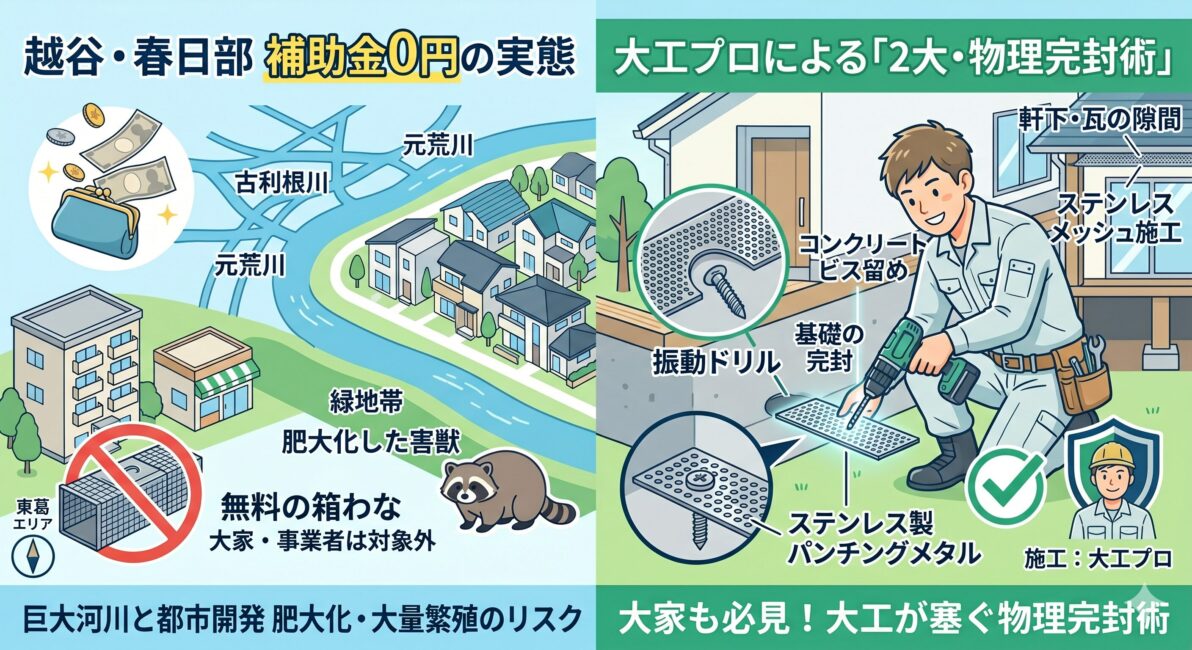 越谷・春日部の害獣駆除は補助金0円！大家は罠も対象外の大工警告