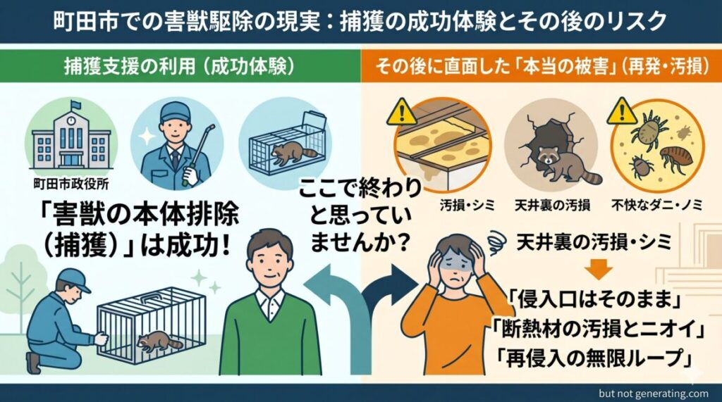 町田市民44名への独自調査に基づく害獣被害の実態図解。左側には町田市の捕獲支援で害獣を捕獲する様子を描き、右側にはその後の「再発」や「糞尿による天井裏の汚損」「侵入口の放置による二次被害」といった放置リスクを対比させている。市の支援だけでは「個体の排除」までしか完了せず、清掃や封鎖という「住環境の修繕」が不可欠であることを示す警告デザイン。