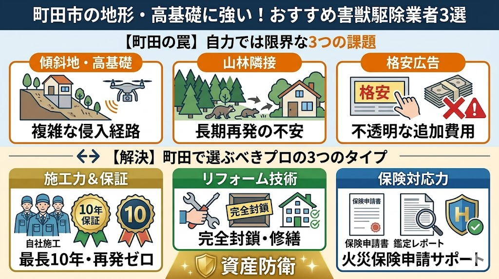 町田市の地形・高基礎に強い！おすすめ害獣駆除業者3選の図解。上段は「町田の罠」として、傾斜地による複雑な侵入経路、山林隣接による長期再発の不安、格安広告の不透明な追加費用をオレンジ系のイラストで警告。下段は「解決」として、町田で選ぶべき3つの業者のタイプ（A：最長10年保証・再発ゼロの自社施工、B：完全封鎖・修繕のリフォーム技術、C：火災保険申請サポートの保険対応力）をゴールドとグリーン、ブルーのカードで提示。スマホでの閲覧に適した、文字数を絞りイラストで伝える洗練されたデザイン。