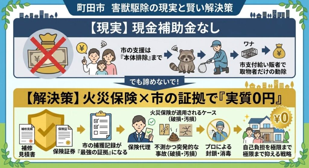田市の害獣駆除に関する図解。上段は「現実：現金補助金なし」で、市の支援は本体排除まで、侵入口封鎖や清掃は住民負担であることを赤いX印で示す。下段は「解決策：火災保険活用で実質0円」で、市の捕獲記録を「最強の証拠」として火災保険で清掃・完全封鎖・断熱材交換費用をカバーし、自己負担を極限まで抑える戦略をゴールドの盾とチェックマークで示す。スマホでの閲覧に適した、文字数を抑え対比を明確にしたプロフェッショナルなデザイン。