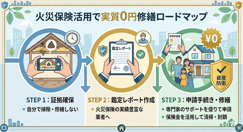 害獣被害の修繕を火災保険で「実質0円」にする3ステップロードマップの図解。スマホ閲覧に最適化された縦長のフローで、上から、STEP1「証拠確保」として自分で掃除せずスマホで撮影。STEP2「鑑定レポート作成」として火災保険申請の実績豊富な業者へ調査を依頼し、専門的な報告書を作成。STEP3「申請手続き・修繕」として専門家のサポートのもと申請を行い、保険金を活用して清掃・封鎖・資産防衛を完結させる。ゴールドとグリーンを基調とした、文字数を絞りイラストで伝える警告デザイン。