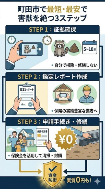 町田市で最短・最安で害獣を絶つための3ステップ図解。上段はSTEP1としてスマホで撮影し町田市の無料捕獲支援を申し込んで「最強の証拠」を確保。中段はSTEP2として火災保険申請の実績豊富な業者に建物調査を依頼し「突発的な事故」を証明（自分で掃除しない）。下段はSTEP3として下りた保険金を活用してプロによる完全封鎖・消毒工事を行い「再発リスクをゼロ」へ。ゴールドとグリーンを基調とした、文字数を絞りイラストで伝える洗練された警告＆解決フロー。
