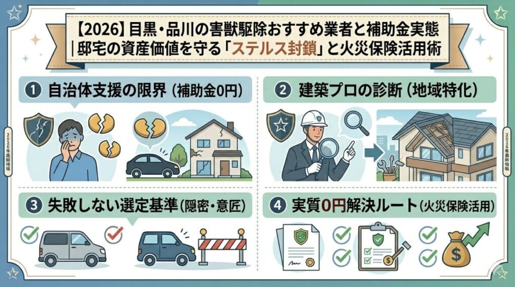 【2026】目黒・品川の害獣駆除おすすめ業者と補助金実態｜邸宅の資産価値を守る「ステルス封鎖」と火災保険活用術
