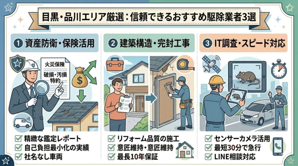 目黒・品川エリアの信頼できるおすすめ駆除業者まとめ図解