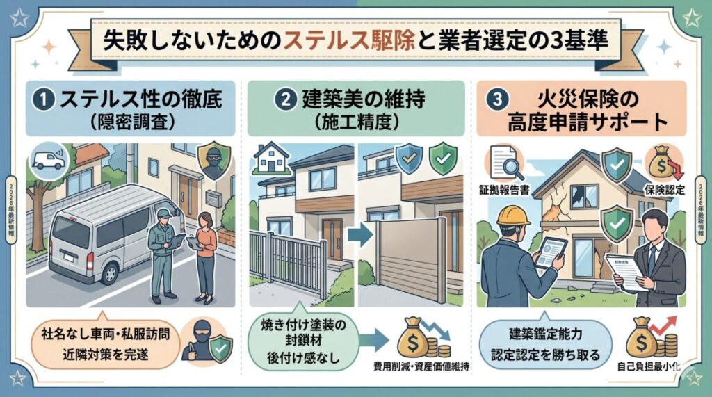 失敗しないためのステルス駆除と業者選定の3基準の図解
