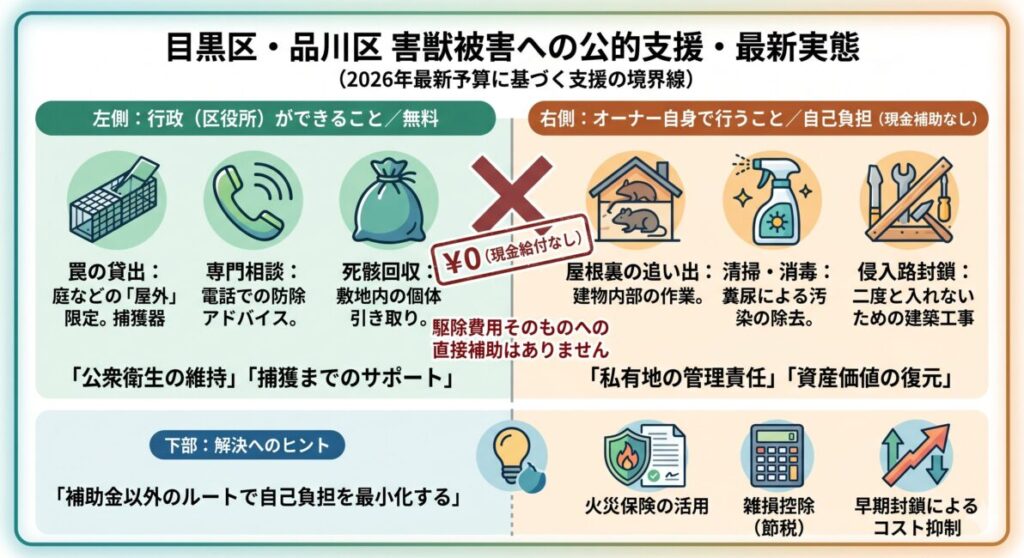 目黒区と品川区の害獣駆除に関するインフォグラフィック図解