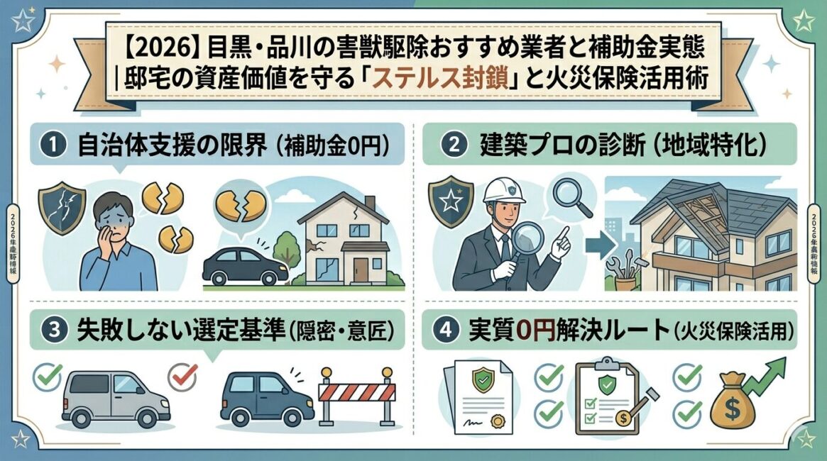 【2026】目黒・品川の害獣駆除おすすめ業者と補助金実態｜邸宅の資産価値を守る「ステルス封鎖」と火災保険活用術