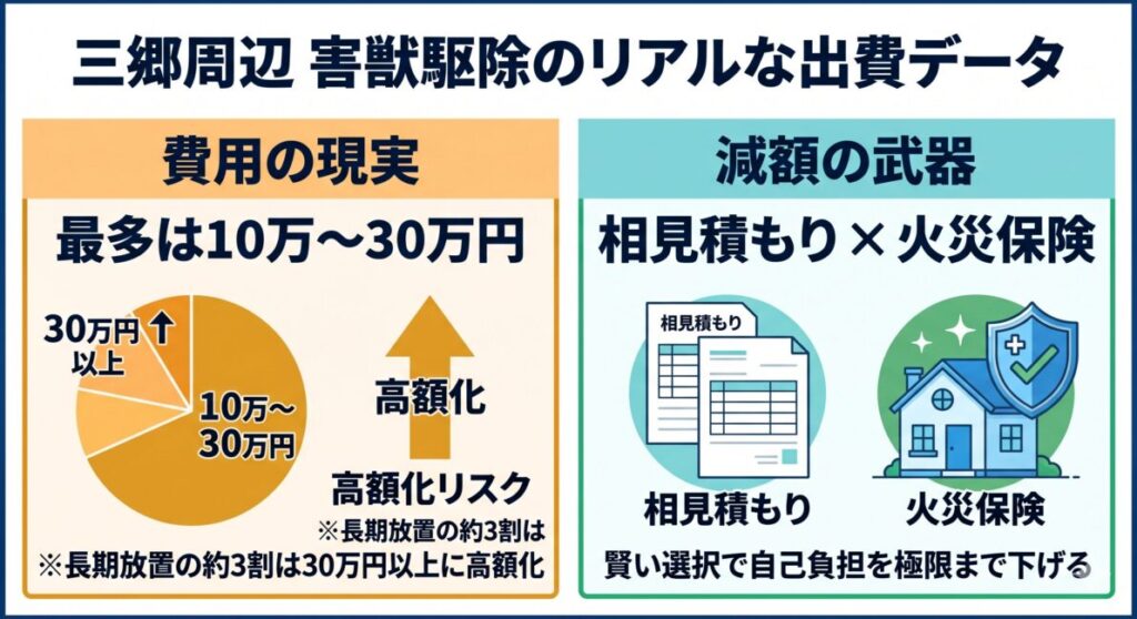 埼玉県三郷市周辺の一戸建てオーナー37名への独自アンケートに基づくハクビシン等害獣駆除費用相場のデータ図解。駆除・家屋補修にかかった費用の最多ボリュームゾーンは10万〜30万円（全体の62.2パーセント）であり、長期放置により断熱材汚損交換や天井板張り替えが必要になった場合の30万円以上の高額化リスク（全体の29.7パーセント）を提示。外環や巨大河川を抱える三郷市から直接の費用補助金が出ない中で自己負担を劇的に減らせた救済策として、全体の89.1パーセントが複数の優良業者への相見積もりと火災保険の申請サポートを組み合わせて賢く自衛している実績を示すスマホ最適化インフォグラフィック