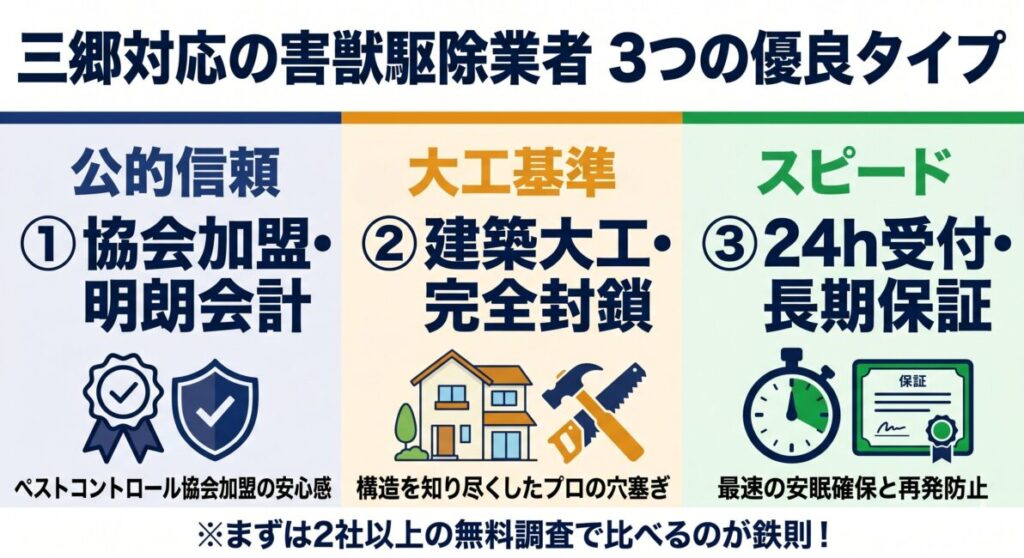 埼玉県三郷市全域に対応したハクビシン・アライグマ等害獣駆除業者選びにおける3つの優良タイプを比較した図解。タイプ1：ペストコントロール協会加盟の公的信頼および追加料金なしの明朗会計型、タイプ2：リフォーム会社母体の建築大工知識による隙間の家屋修繕完全封鎖型、タイプ3：24時間受付対応のスピード重視および業界最長クラスの長期再発保証型を網羅。悪徳業者を排除するためにまずは2社以上から無料の現地調査を呼び、見積もり（相見積もり）を比較することが鉄則であることを示すスマホ最適化インフォグラフィック