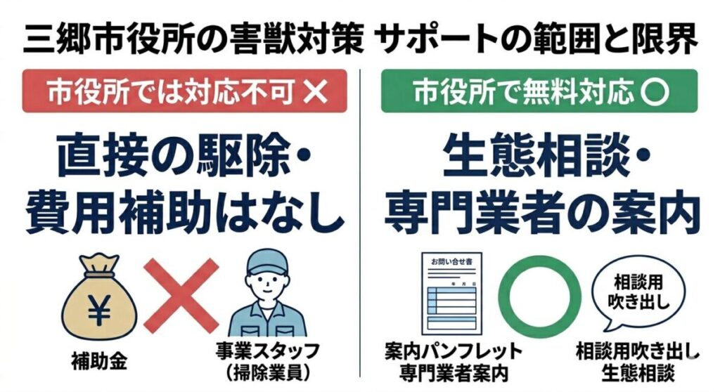 埼玉県三郷市役所のハクビシン・ネズミ等害獣トラブルにおける行政サポートの範囲と限界を比較した図解。個人の私有地一戸建て被害に対する市役所による直接の捕獲駆除作業や、民間業者への支払いに対する費用補助金・助成金は一律で対象外（0円）であるという限界を示す一方、クリーンライフ課などの窓口で実施している生態相談の受付、防除パンフレットの提供、専門業者団体（埼玉県ペストコントロール協会）の案内といった無料支援の範囲を対比したスマホ最適化インフォグラフィック
