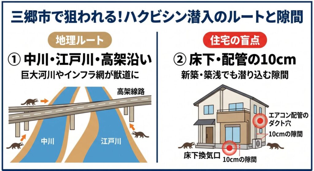 埼玉県三郷市特有の地理環境と住宅構造におけるハクビシン侵入リスクを解説した図解。1：吉川市や八潮市、東京都足立区・葛飾区などから地続きで連鎖する中川・江戸川の広大な河川敷や、JR武蔵野線・つくばエクスプレスの高架沿い、外環自動車道の暗がりを移動ルートにして市街地へ流入する地理的リスク、2：新三郷周辺の新興住宅地や早稲田の木造住宅に潜む床下通気口格子の経年劣化、エアコン配管導入部のパテの隙間、軒天のわずかな歪みなど、わずか10センチ（大人の握りこぶし1個分）の隙間から侵入される住宅の盲点を示したスマホ最適化インフォグラフィック