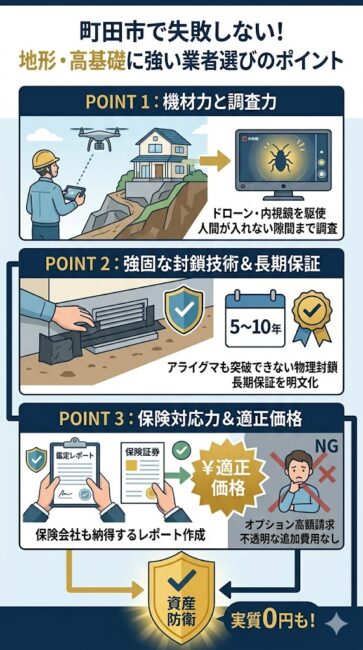 町田市で失敗しない！地形・高基礎に強い害獣駆除業者選びのポイントの図解。スマホ閲覧に適した縦長のフローで、上から、POINT1「機材力と調査力」としてドローンや内視鏡で人間が入れない高基礎の隙間まで調査。POINT2「強固な封鎖技術＆長期保証」としてアライグマも突破できない物理封鎖と長期保証（5〜10年）を提示。POINT3「保険対応力＆適正価格」として、保険会社が納得する鑑定レポート作成と不透明な追加費用のなさを指示。格安広告への警告印と、最終的なゴールドのシールド「資産防衛」「実質0円も！」で完結する警告＆解決デザイン。
