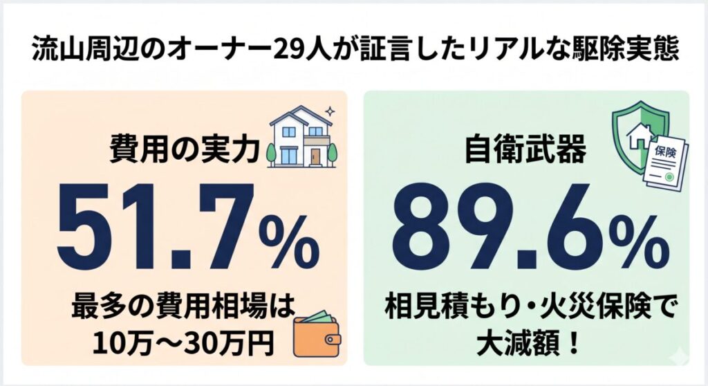 流山市および東葛エリアの一戸建てオーナー29名への独自アンケート結果の図解。民間のアライグマ・害獣駆除費用のボリュームゾーンは10万〜30万円（全体の51.7パーセント）であるというシビアな現実と、流山市から補助金が出ない中で自己負担を劇的に減らせた救済策として全体の89.6パーセントが「複数の優良業者への相見積もり」と「火災保険の申請サポート」を組み合わせて賢く自衛している実績を示すスマホ最適化インフォグラフィック