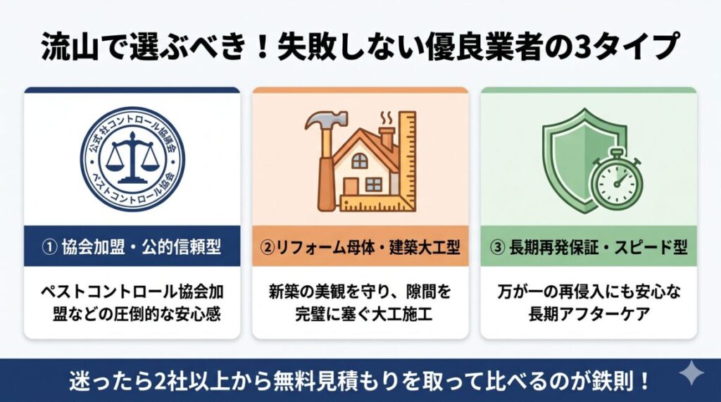 千葉県流山市のアライグマ・ハクビシン・ネズミ駆除業者選びの図解。火災保険申請サポートと再侵入保証に強い優良3タイプ（タイプ1：ペストコントロール協会加盟の公的信頼および明朗会計型、タイプ2：リフォーム会社母体の建築知識による家屋修繕完全封鎖型、タイプ3：業界最長クラスの長期再発保証およびスピード対応型）を比較した図解。まずは2社以上から無料調査の見積もりを取り、適正相場を比較することが鉄則であることを示すスマホ最適化インフォグラフィック